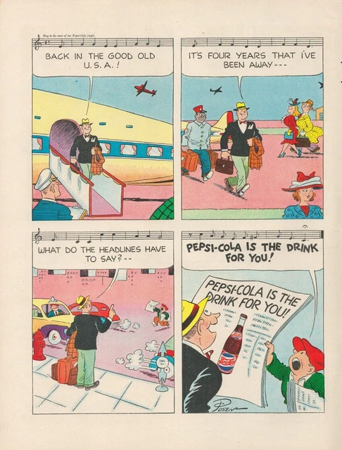 1947 Pepsi-Cola Cartoon Travel Back Home Headlines Is The Drink For You Print Ad