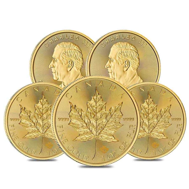 LOT OF 5 2024 1 oz Canadian Gold Maple Leaf 50 Coin BU 10,693.78