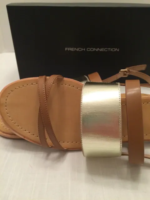 FRENCH CONNECTION Tan & Gold Ankle Strap Sandals Womens Sz 10 M Euro 41 New $95 3