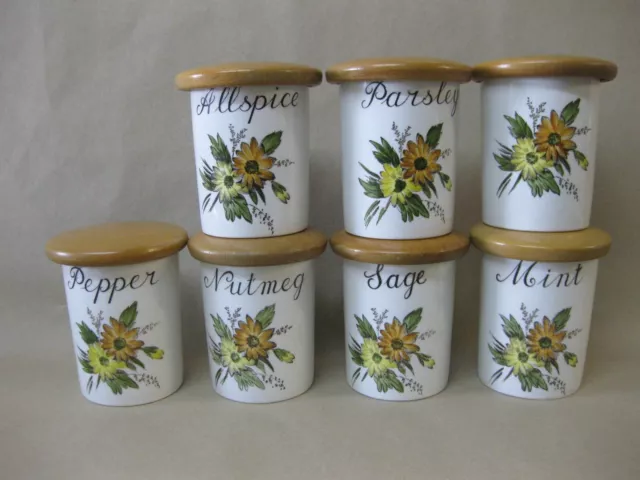 7 Vintage Crown Devon Fieldings Storage Jars~ Sunflower~ Nutmeg Sage Mint Pepper