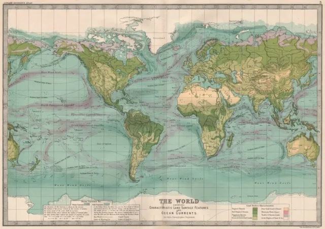 WORLD. Land surface features and Ocean currents. BARTHOLOMEW 1890 old map