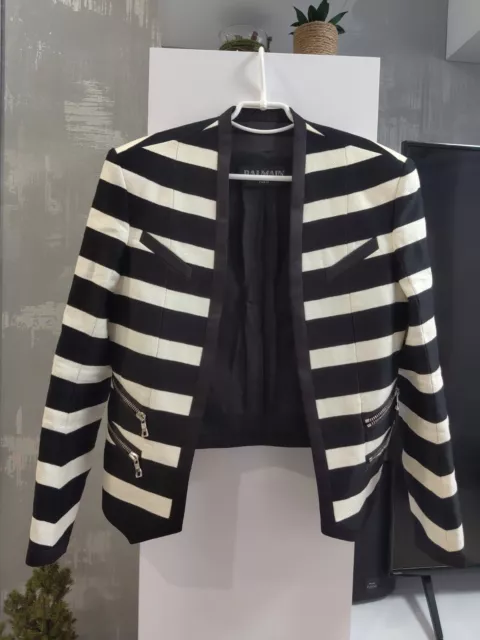 BALMAIN Two Tone Striped Linen Cotton Crepe Jacket Blazer Black Ivory Sz 40 L