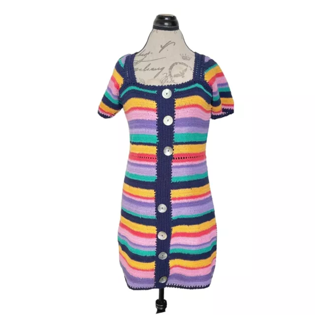 Farm Rio Anthropologie Renata Sweater Dress XS Knit Crochet Striped Rainbow Mini