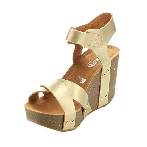 Refresh Mara-05 Champagne Ankle Strap Comfort Criss Cross Platform Wedge Sandals 3