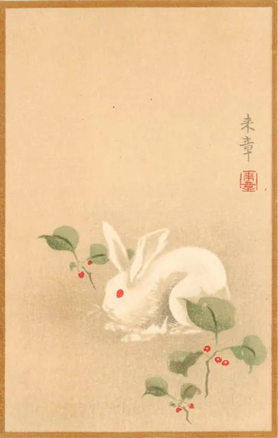 Japanese Art Nouveau Postcard White Rabbit among Plants w/ Red Berries Unposted