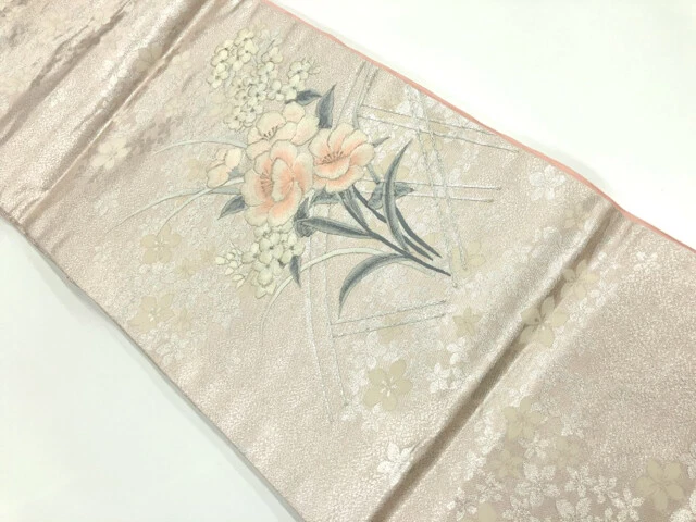 6510302: Japanese Kimono / Vintage Nagoya Obi / Embroidery / Flower & Fence Patt