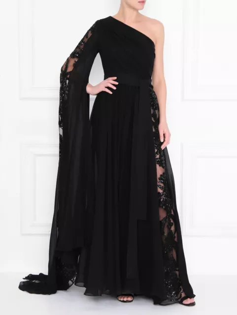 $6250 NEW Elie Saab Black Maxi Dress Gown Black SILK One Shoulder Sequins 38