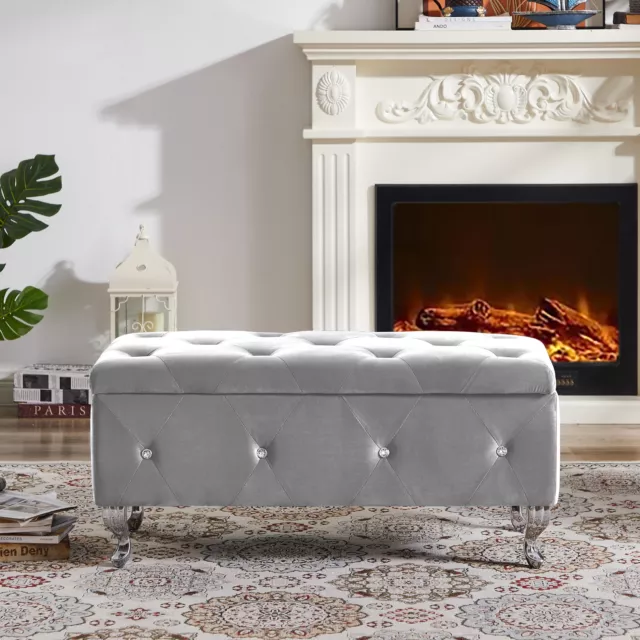 Velvet Upholstered Storage Ottoman Bench with Button for Bedroom