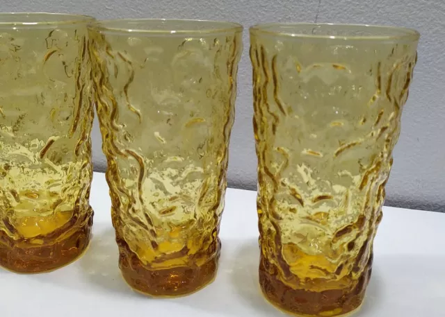 Set 4 Vintage amber yellow Glasses Hocking Lido Milano lava Crinkle Tumbler 3