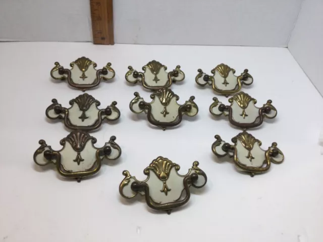 9pc Vintage French Provincial Drop Bale Drawer Pulls Handles White & Brass