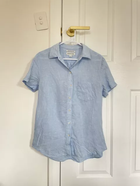 Country Road Women's Linen Shirt Baby Blue Size 8 Button Up Short Sleeve