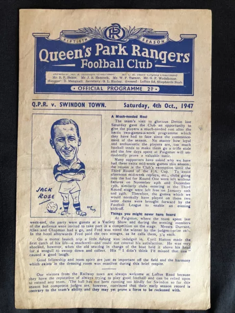 4.10.1947. Queens Park Rangers v Swindon Town (Div 3 South).