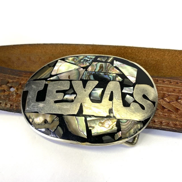 VTG TEXAS Abalone Mother of Pearl Inlaid Belt Buckle & leather 1970s Mexico 36