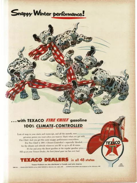 1956 Texaco Fire Chief Gasoline Print Ad Dalmatian Puppies with Checkered Scarf