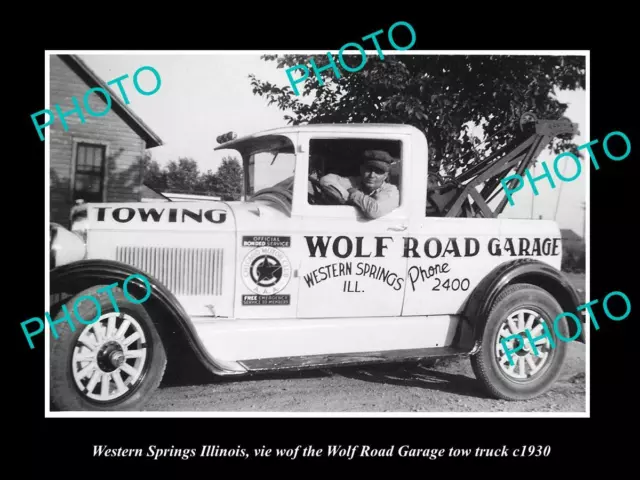 OLD POSTCARD SIZE PHOTO OF WESTERN SPRINGS ILLINOIS THE WOLF Rd TOW TRUCK 1930