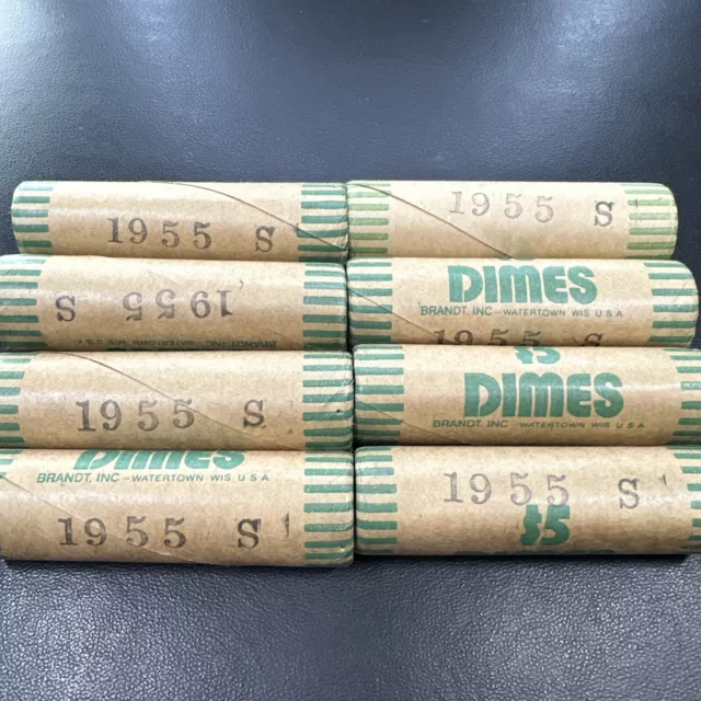 BU | 1955-S Roosevelt Dime Roll, Bank Wrapped - BU, 50 Coins OBW Brandt