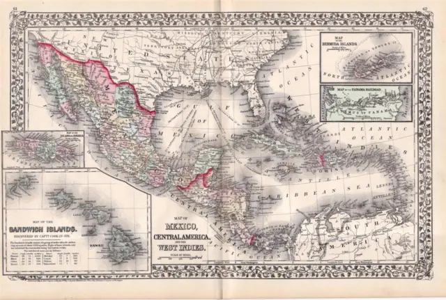 1874 Mitchell Atlas Map Of Mexico, Central America, West Indies-Hand Colored