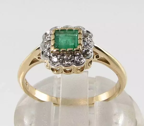 9K 9Ct Gold Emerald Diamond Art Deco Ins Halo Square Dainty Ring Free Resize