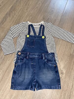 NEXT Girls Denim Dungaree Shorts And Stripe Top Outfit Age 2-3