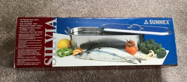 Sunnex Vintage Stainless Steel 18” Fish Poacher 3 Piece Set Unused In Box