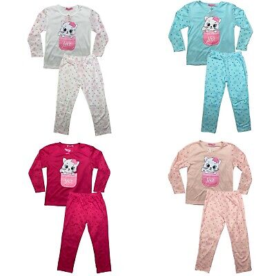 Girls Kids Pyjamas Long Sleeve Top Bottom PJs Set Nightwear Jersey Cotton Kitten