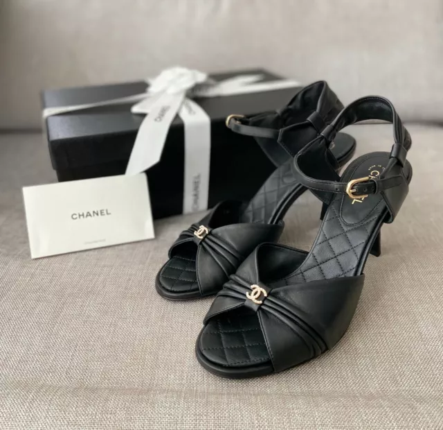NIB 100% AUTH Chanel 15P Black Patent Leather Pearl Wedge Sandals $1550  $980.00 - PicClick