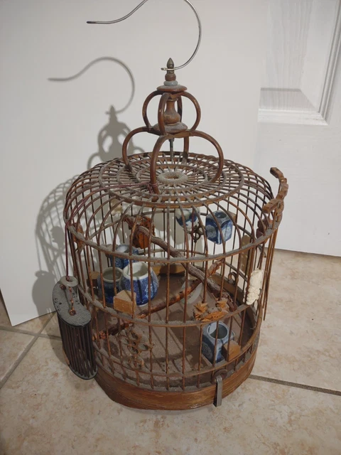 Antique Early 20th Century Chinese Bamboo Wood Bird Cage W/Porcelain Bird...