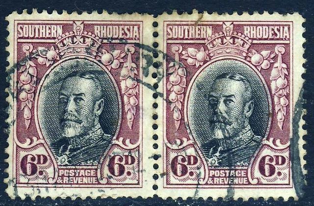 SOUTHERN RHODESIA KG V 1936 6d.Black & Magenta VARIETY Perf.14 A PAIR SG 20b VFU