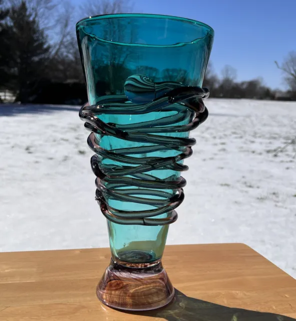 13" Hand Blown Turquoise Art Glass Vase with Lavendar Base & Free Form Wrap