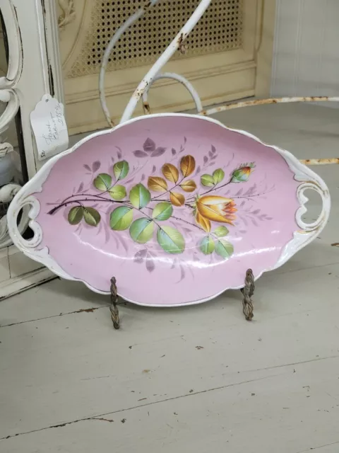Antique C.1800's Pink Old Paris Cabinet Bowl with Pierced Handles and Wild Roses