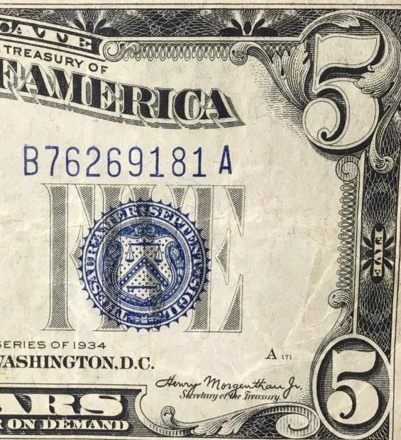 1934 $5 Blue SILVER Certificate Very Fine! X9181 Old US Paper Currency!