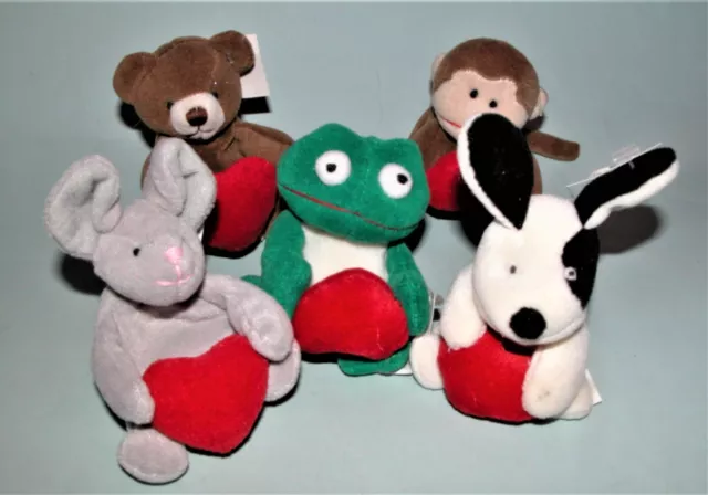 Russ Berrie plush 5pc. set Valentine mouse, dog, frog, monkey & bear with hearts