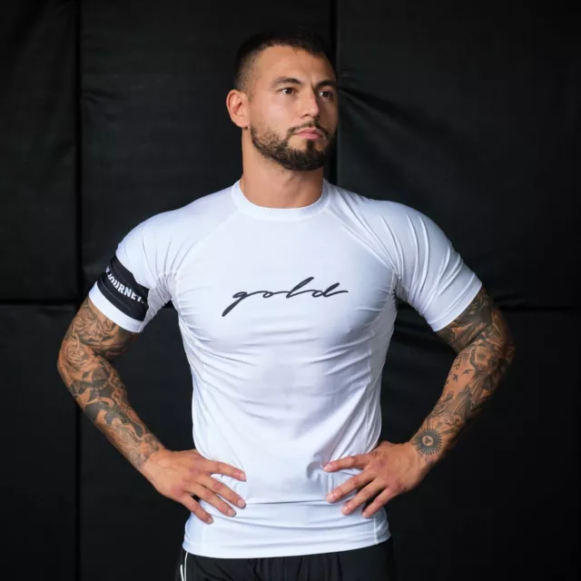 Gold BJJ Jiu Jitsu Foundation Rash Guard Short Sleeve White Size Large Men’s