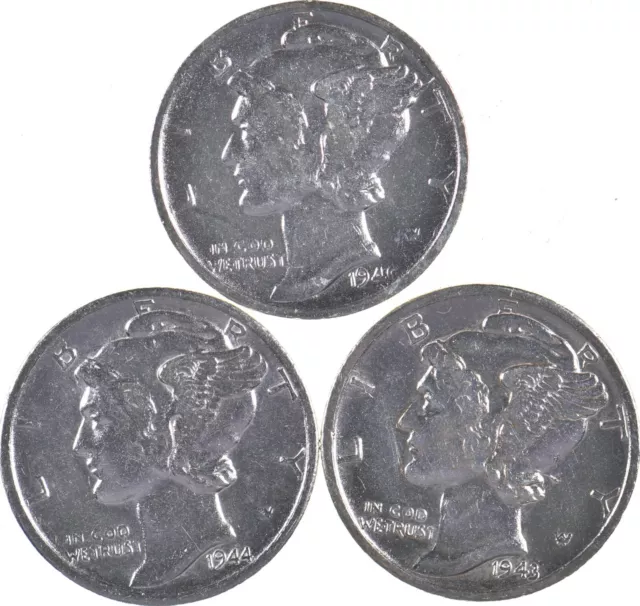 HIGH GRADE 1944-S 1943-S Worn Date Mercury Silver Dime - BETTER *423
