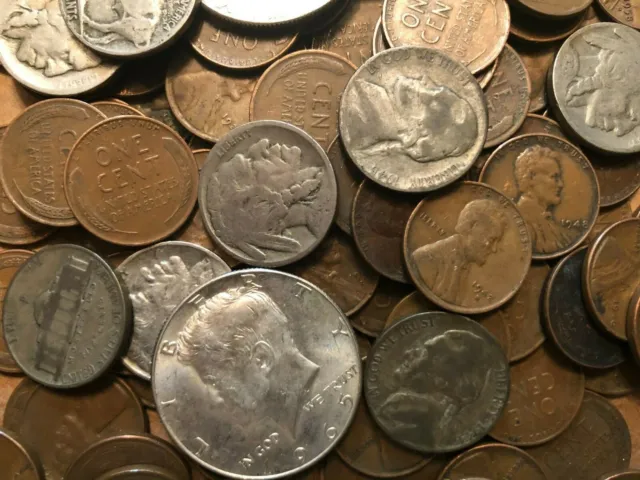 Coin Grab Bag Of Old Silver Half Dollars, Buffalo & War Nickels, Wheat Cents 2