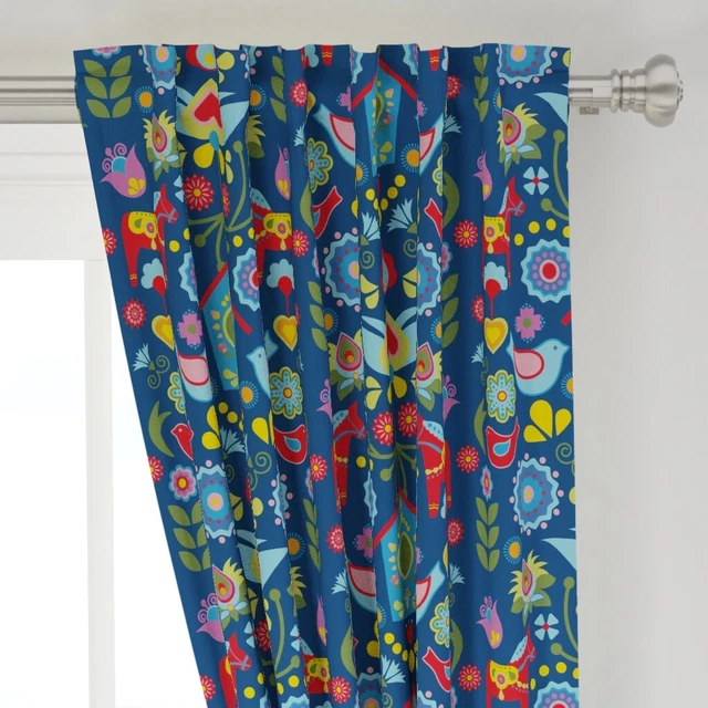Scandi Mod Birdhouse Folk Art Floral Bird 50" Wide Curtain Panel Spoonflower