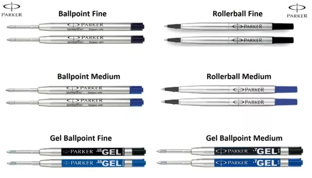 2 x Genuine Parker Medium Fine Ball Point or Rollerball Pen Refill Black or Blue