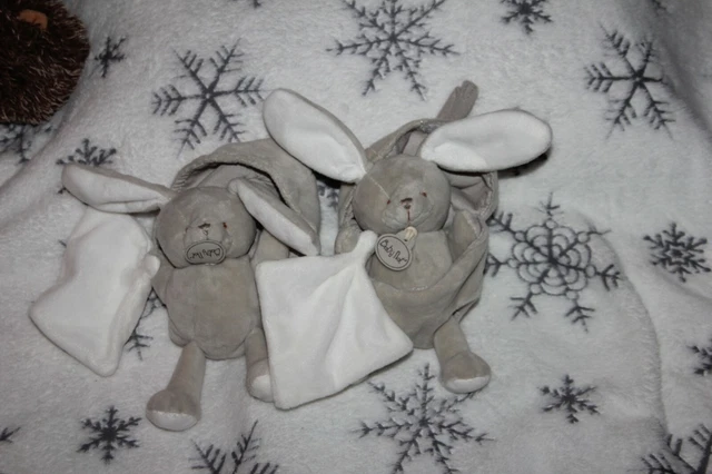Babynat Doudou Lapin Gris Dans Son Oeuf  Mouchoir Blanc Lot De 2 Neuf