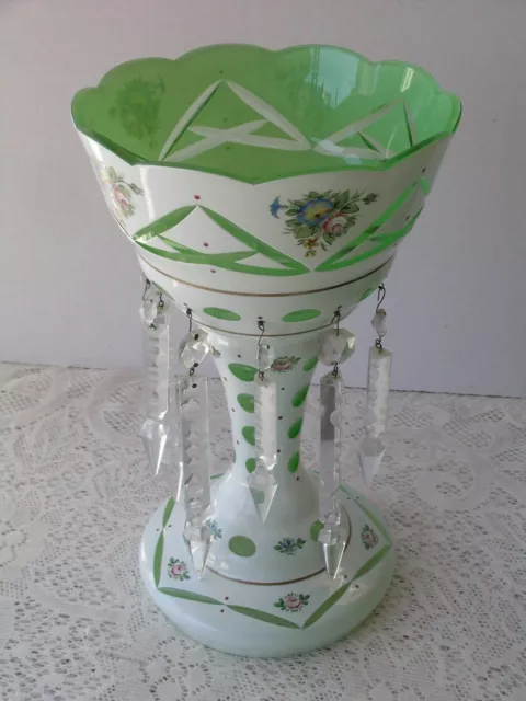 Vintage Czech Bohemian Green Cased Vase Cut to White with Prisms 13" T Mark