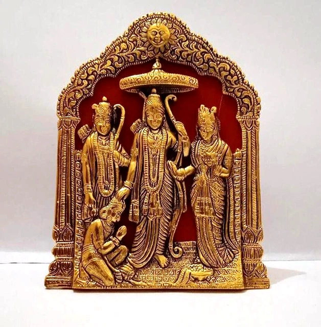 Foto Con Cornice Lord Ram Darbar Ji - 9,5 X 34,3 Cm - Cornice In Legno Marrone Dorato Per Tempio, Pooja Room O Parete