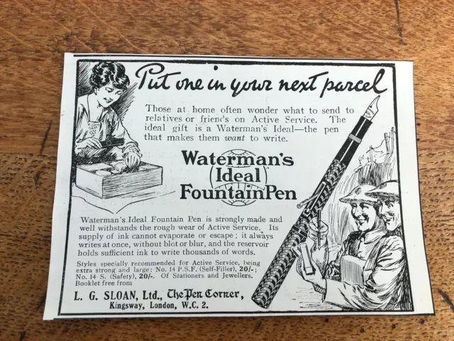 ww1 small advert ! watermans ideal fountain pen . soldiers !
