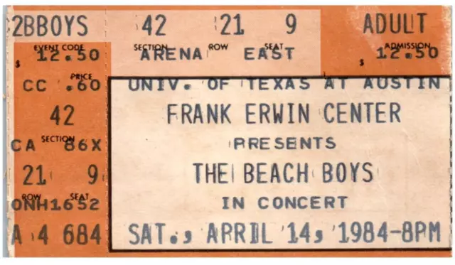 The Beach Boys Ticket Stub April 14 1984 Univ. of Texas Frank Ervin Center Vtg