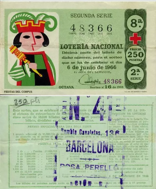 Año 1966. 250 Pts. Décima parte del billete. 6 de Junio. Sorteo Nº 16. Cruz Roja