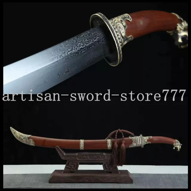 Chinese Mongolian Dao Handmade damascus steel sword Rosewood handle scabbard