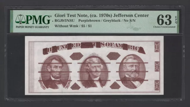 Giori Test Note,(ca. 1970s) Jefferson Center "Without Wmk" Uncirculated Grade 63