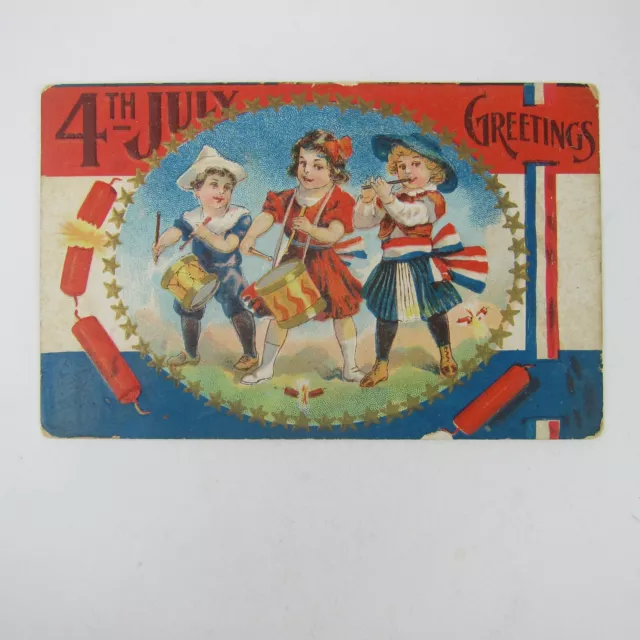 Postcard Independence Day 4th of July Kids Band Firecrackers Patriotic Antique