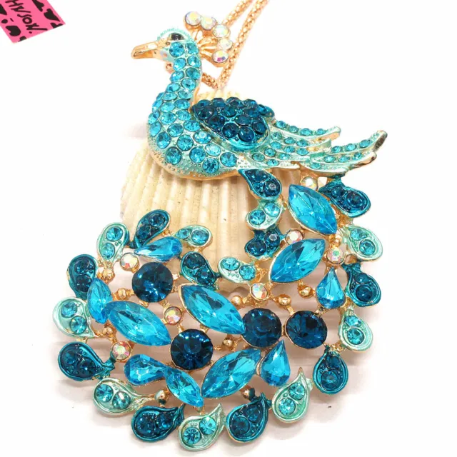Hot Betsey Johnson Blue Crystal Peacock Bling Animal Necklace Sweater Chain