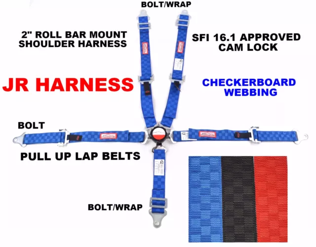 Jr Dragster Harness 5 Pt 2" Sfi 16.1 Pull Up Lap Belt Cam Lock Blue Checkerboard