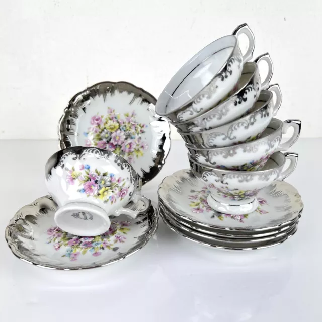 Servizio da caffe antico in porcellana Bavaria tazze tazzine a fiori e argento