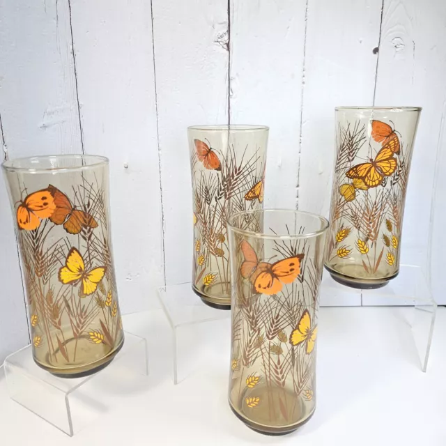 4 Vintage Libbey Juice Glasses Monarch Butterfly Wheat Pattern Amber Brown
